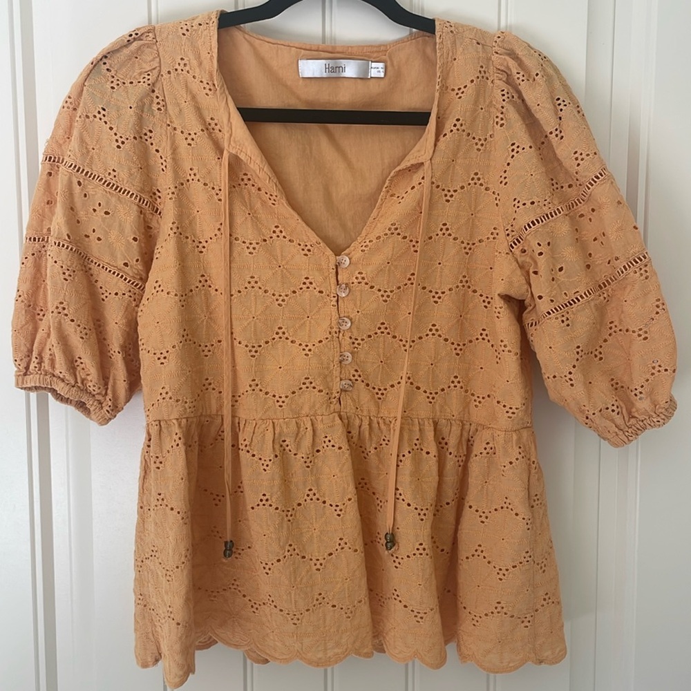 Harni Butterscotch Blouse, Size S Cotton Peplum Peasant Yellow/Orange Womens Top